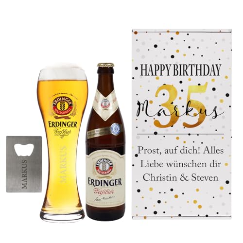 Herz & Heim® Weißbier Geburtstagsgeschenk-Set mit Glas, Flaschenöffner und Geschenkbox, personalisiert von Herz & Heim