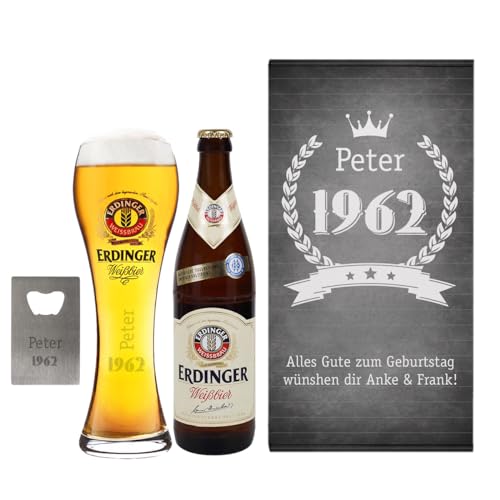 Herz & Heim® Weizen Bier- Geburtstagsgeschenk-Set mit Glas, Flaschenöffner und Geschenkbox, personalisiert von Herz & Heim