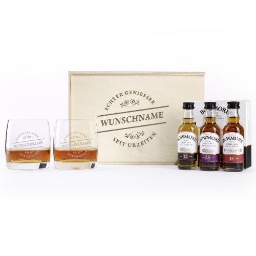 Herz & Heim® Whisky Bowmore Geschenk Probier-Set mit gratis Gravur - in Box aus Holz - Echter Geniesser von Herz & Heim
