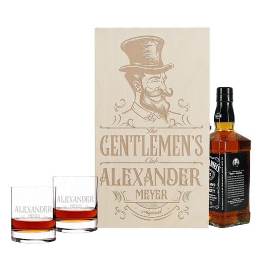 Herz & Heim® Whisky Geschenkset mit 2 gravierten Gläsern, 1 Geschenkbox aus Holz und einer 0.7l Flasche Bourbon Whiskey (Gentlemen´s Club) von Herz & Heim