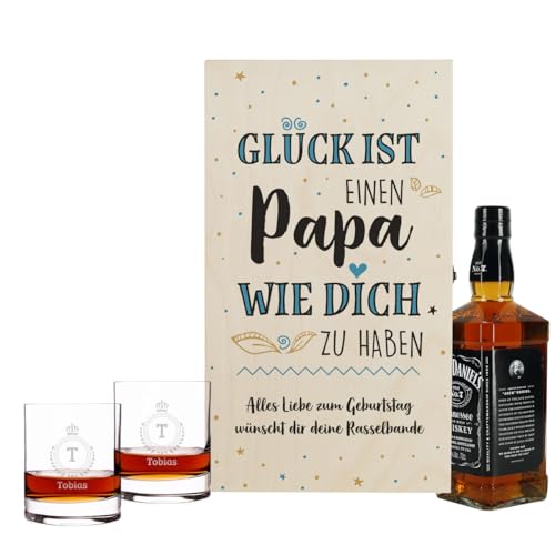 Herz & Heim® Whisky Geschenkset mit 2 gravierten Gläsern, 1 Geschenkbox aus Holz und einer 0.7l Flasche Bourbon Whiskey (Glück ist einen Papa wie Dich zu haben) von Herz & Heim