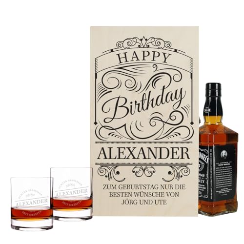 Herz & Heim® Whisky Geschenkset mit 2 gravierten Gläsern, 1 Geschenkbox aus Holz und einer 0.7l Flasche Bourbon Whiskey (Happy Birthday) von Herz & Heim