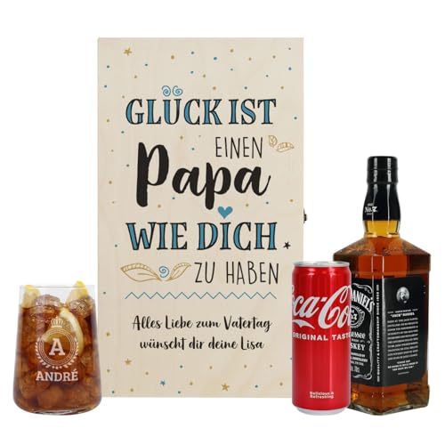 Herz & Heim® Whisky Geschenkset mit graviertem Glas, bedruckter Geschenkbox, Cola und Whiskyflasche, personalisiert (Glück ist einen Papa wie Dich zu haben) von Herz & Heim