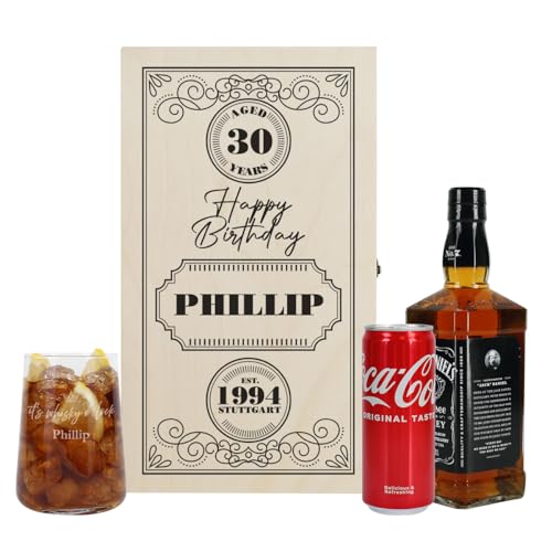 Herz & Heim® Whisky Geschenkset mit graviertem Glas, bedruckter Geschenkbox, Cola und Whiskyflasche, personalisiert (Happy Birthday) von Herz & Heim