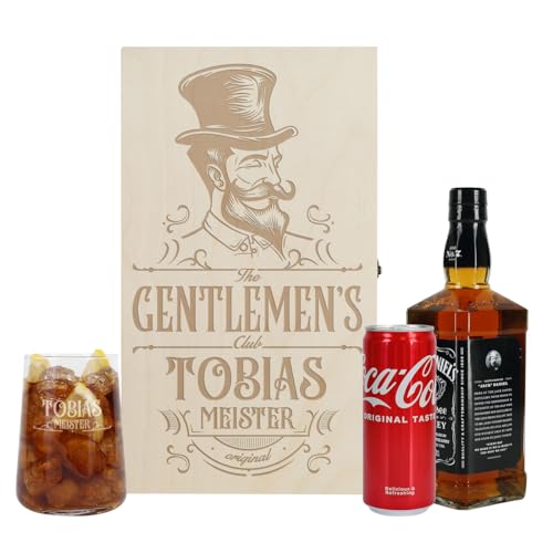 Herz & Heim® Whisky Geschenkset mit graviertem Glas, bedruckter Geschenkbox, Cola und Whiskyflasche, personalisiert (The Gentlemen´s Club) von Herz & Heim