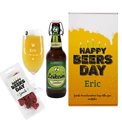 Herz & Heim® Witziges Geburtstagsset -Happy Beersday- mit Salamiherzen, Pilstulpe, Bier (0.5L) und Geschenkbox von Herz & Heim