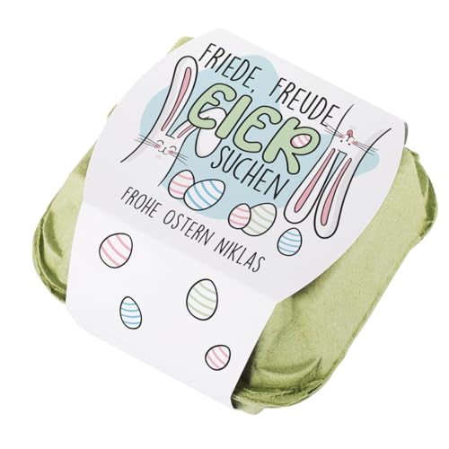 Herz & Heim® gefüllte Schokoeier in personalisierter Verpackung, 3 Sorten, Motivauswahl (Friede, Freude, Eier suchen, Eierlikörcreme) von Herz & Heim