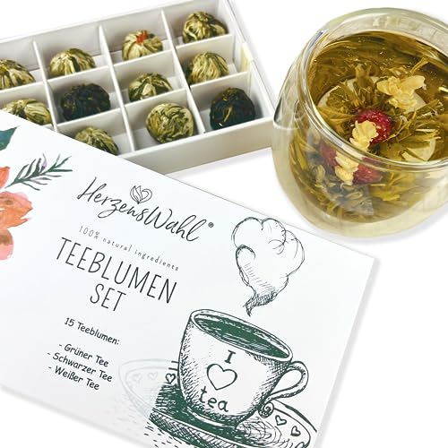 HerzensWahl Teeblumen Geschenkset | 15x Teeblumen weißer Tee, grüner Tee & schwarzer Tee in Teebox | Teerosen Probierset | Teeblumen Set für Teeliebhaber inkl. Geschenkbox von HerzensWahl