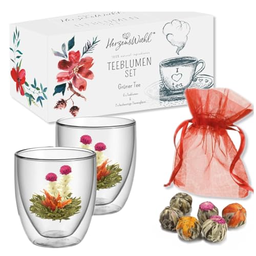 HerzensWahl Teeblumen Geschenkset | 6x Teeblumen, 2x Teetassen & Geschenkbox | Erblühtee | Teerosen Probierset | grüner Tee – Teeblumen & (Teegläser Set) für Teeliebhaber von HerzensWahl