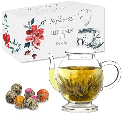 HerzensWahl Teeblumen Geschenkset mit Kanne | 6x Teeblumen, 1x Teekanne & Geschenkbox | Erblühtee | Teerosen Probierset | grüner Tee – Teeblumen & (Teekannen Set) für Teeliebhaber von HerzensWahl