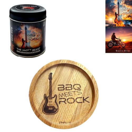 BBQ meets Rock Holzuntersetzer aus geölter Eiche von Holzpost + "The Party Beast" BBQ Grillgewürzmischung von Hessen Glut