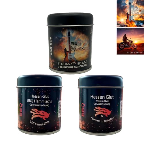 Hessen Glut BBQ Gewürz 3er Dosen Set - Flammlachs, The Party Beast u. Pommes Western Style Hessen Glut BBQ Gewürz 3er Dosen Set - Flammlachs, The Party Beast u. Pommes Western Style von Hessen Glut