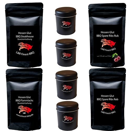 Hessen Glut BBQ Rub Set mit 4 Pack + 4 Gewürzstreuern - das perfekte Set für den BBQ Liebhaber, hochwertige Grill-Gewürze mit dem extra Geschmack für Steaks, Geflügel Spare Ribs und Flammlachs Hessen Glut BBQ Rub Set mit 4 Pack + 4 Gewürzstreuern - das perfekte Set für den BBQ Liebhaber, hochwertige Grill-Gewürze mit dem extra Geschmack für Steaks, Geflügel Spare Ribs und Flammlachs von Hessen Glut