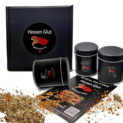 Hessen Glut Probier Box mit 3 BBQ Gewürzen - Spare-Ribs Rub Kirsche, Zimt, Flammlachs Rub u. Gewürzmischung für Apfelwein-Marinade - Das ideale Geschenk Set für BBQ Liebhaber hochwertiger Rubs Hessen Glut Probier Box mit 3 BBQ Gewürzen - Spare-Ribs Rub Kirsche, Zimt, Flammlachs Rub u. Gewürzmischung für Apfelwein-Marinade - Das ideale Geschenk Set für BBQ Liebhaber hochwertiger Rubs von Hessen Glut