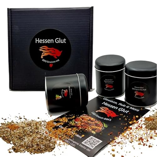Hessen Glut Probier Box mit 3 BBQ Gewürzen - Spare-Ribs Rub würzig, Steakhouse Rub und Gewürzmischung für Bier-Marinade - Das ideale Geschenk Set für BBQ Liebhaber hochwertiger Gewürzmischungen Hessen Glut Probier Box mit 3 BBQ Gewürzen - Spare-Ribs Rub würzig, Steakhouse Rub und Gewürzmischung für Bier-Marinade - Das ideale Geschenk Set für BBQ Liebhaber hochwertiger Gewürzmischungen von Hessen Glut