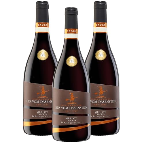 Hex vom Dasenstein Merlot Rotwein Barrique Qualitätswein trocken - im Barrique vollendet für eine besondere Note und Tiefe - Badischer Wein, Anbaugebiet Ortenau (3 x 0,75l) von Winzerkeller Hex vom Dasenstein