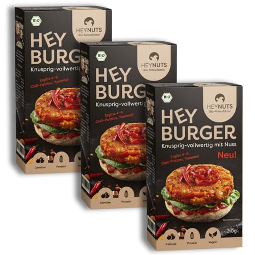 HEYBURGER Veganer Gemüseburger Chilligeschmack, 100% Natürlich, Bio zertifziert, hoher Proteingehalt, Manufaktur - Hoher Proteingehalt, Bio, Keine Zusatzstoffe, Lecker, Einfach und Schnell, 3x210g von Heynuts.de