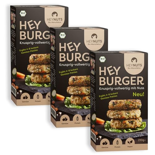 HEYBURGER Veganer Protein Gemüse Burger - 100% Natürliche Zutaten, Vegane Fleischalternative für 6 Burger - Hoher Proteingehalt, Bio, Keine Zusatzstoffe, Lecker, Einfach und Schnell, 3x210g von Heynuts.de