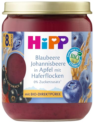 HiPP Bio Frucht und Getreide Blaubeere Johannisbeere in Apfel mit Haferflocken, 6er Pack (6x160g) von HiPP