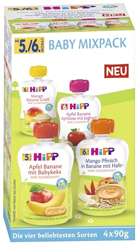 HiPP Bio Frucht & Getreide im Quetschbeutel für Baby, Babyquetschbeutel Mixpack, 4er Pack (4x4x90g) von HiPP