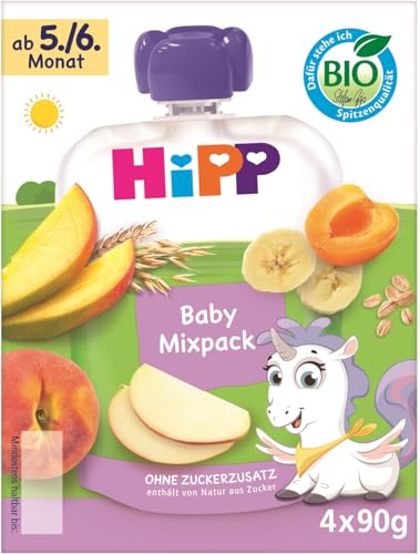 HiPP Bio Babyquetschbeutel Mixpack 16 Stück (4er Pack mit je 4 x 90g), ab 5./6. Monat, vier leckere Geschmacksrichtungen, ohne Zuckerzusatz, in bester Bio-Qualität von HiPP
