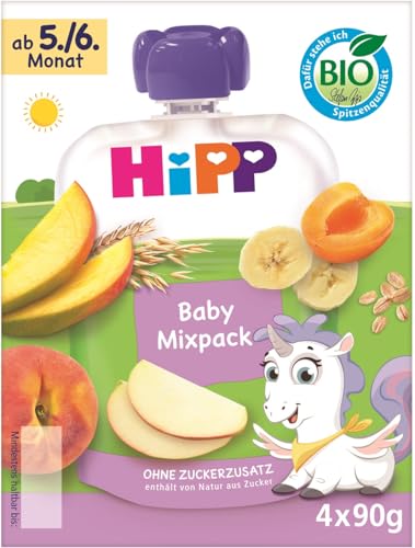 HiPP Bio Frucht & Getreide im Quetschbeutel für Baby, Babyquetschbeutel Mixpack, 4er Pack (4x4x90g) von HiPP