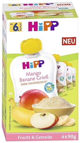 HiPP Bio Frucht & Getreide im Quetschbeutel für Baby, Mango Banane Grieß, 4er Pack (4x4x90g) von HiPP