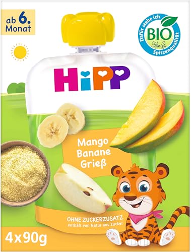 HiPP Bio Frucht & Getreide im Quetschbeutel für Baby, Mango Banane Grieß, 4er Pack (4x4x90g) von HiPP