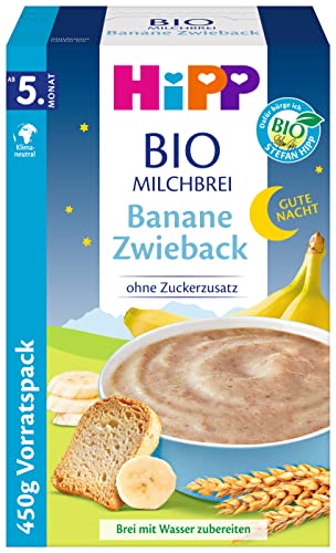 HiPP Bio-Milchbreie ohne Zuckerzusatz, Gute-Nacht-Brei Banane Zwieback, Vorratspackung (4x450g) von HiPP