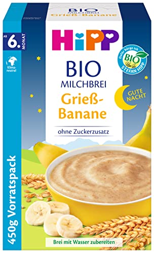 HiPP Bio-Milchbreie ohne Zuckerzusatz, Gute-Nacht-Brei Grieß Banane, Vorratspackung (4x450g) von HiPP