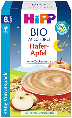 HiPP Bio-Milchbreie ohne Zuckerzusatz, Gute-Nacht-Brei Hafer Apfel, Vorratspackung (4x450g) von HiPP