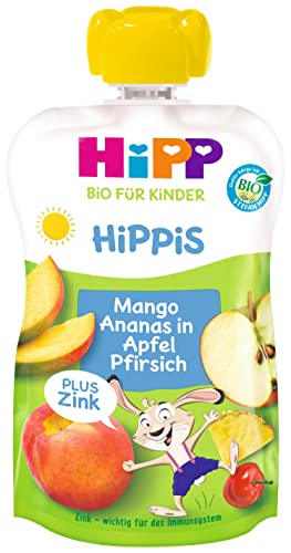 HiPP Bio für Kinder HiPPiS Frucht Plus Mango Ananas in Apfel Pfirsich plus Zink - Hans Hase, 6er Pack (6 x 100 g) von HiPP