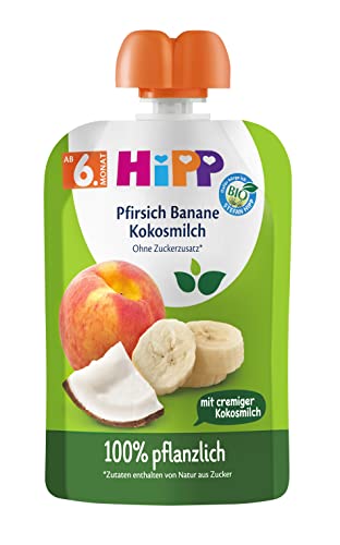 HiPP Frucht & Pflanzenmilch im Quetschbeutel für Babys Pfirsich Banane mit Kokosmilch (4x4x90g), Klein von HiPP
