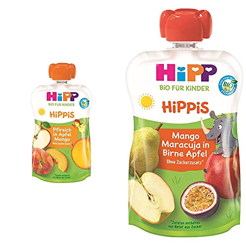 HiPP HiPPiS Quetschbeutel, Pfirsich in Apfel-Mango, 100% Bio-Früchte ohne Zuckerzusatz, 6 x 100 g Beutel & HiPPiS Quetschbeutel, Mango-Maracuja in Birne-Apfel, 6 x 100 g Beutel von HiPP