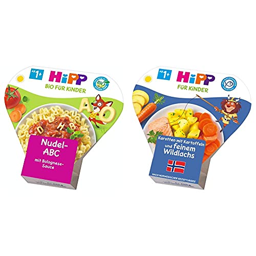 HiPP Kinder-Nudel-Spaß Fliegendes ABC in Bolognese-Sauce, 6er Pack (6 x 250 g) & Kinder-Teller, Karotten mit Kartoffeln und feinem Wildlachs, 6er Pack (6 x 250g) von HiPP