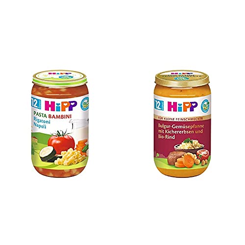 HiPP Pasta Bambini - Rigatoni Napoli, 6er Pack (6 x 250 g) & Für kleine Feinschmecker Menüs, Bulgur-Gemüsepfanne mit Kichererbsen und Bio-Rind, 6er Pack (6 x 250 g) von HiPP