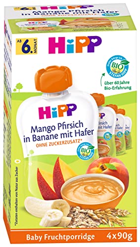 HiPP Quetschbeutel für Babys, Frucht-Porridge, Mango-Pfirsich in Banane mit Hafer, 100% Bio-Früchte ohne Zuckerzusatz, 4 x 4 Beutel à 90 g HiPP Quetschbeutel für Babys, Frucht-Porridge, Mango-Pfirsich in Banane mit Hafer, 100% Bio-Früchte ohne Zuckerzusatz, 4 x 4 Beutel à 90 g von HiPP