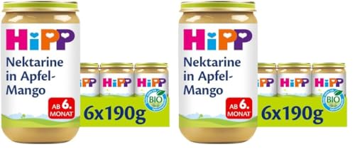 HiPP für kleine Feinschmecker, Nektarine in Apfel-Mango, ohne Zuckerzusatz, 6 x 190g (Packung mit 2) von HiPP