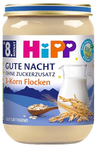 HiPP Bio Gute Nacht 3-Korn Flocken (6 x 190g), Babymilchbrei ab 8. Monat, ohne Zuckerzusatz, gut sättigend, in bester Bio-Qualität von HiPP