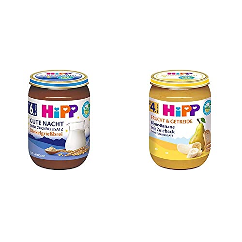 Hipp Milchbreie im Glas - Gute Nacht - ohne Zuckerzusatz, Dinkelgrießbrei, 6er Pack (6 x 190 g) & Birne-Banane mit Zwieback, 6er Pack (6 x 190 g) von HiPP