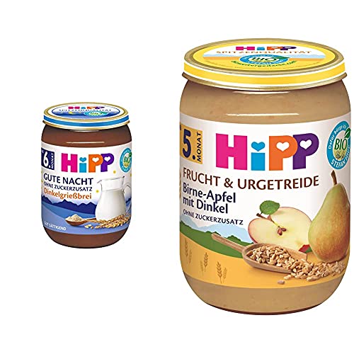 Hipp Milchbreie im Glas - Gute Nacht - ohne Zuckerzusatz, Dinkelgrießbrei, 6er Pack (6 x 190 g) & Birne in Apfel mit Dinkel, 6er Pack (6 x 190 g) von HiPP