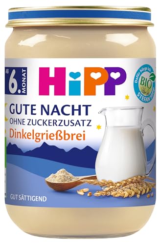 HiPP Bio Gute Nacht Dinkelgrießbrei (6 x 190g), Babymilchbrei ab 6. Monat, ohne Zuckerzusatz, gut sättigend, in bester Bio-Qualität von HiPP