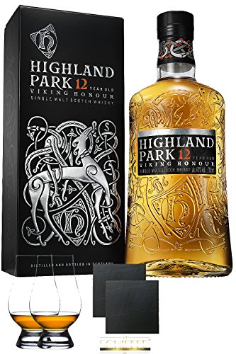 Highland Park 12 Jahre Single Malt Whisky Islands 0,7 Liter + 2 Glencairn Gläser + 2 Schiefer Glasuntersetzer ca. 9,5 cm Durchmesser von Highland Park
