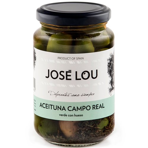 Aceituna Verde 'Campo Real' con Hueso Grüne Oliven der Sorte Campo Real in Salzlake (Glas 355 Gramm) von José Lou