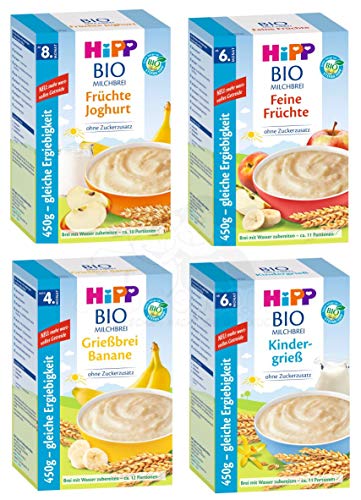 Hipp Bio Milchbrei Mix, 4 Sorten: Kindergrieß, Feine Früchte, Banane und Früchte Joghurt (4 x 450g) von Hipp Milchbrei Mix