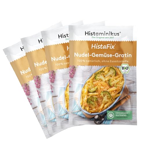 HistaFix Bio Nudel-Gemüse-Gratin, 4-er Bundle, Bio Gewürzmischung 2-3 Portionen pro Tüte, hefefreies Naturprodukt ohne Geschmacksverstärker, histaminarm, glutenfrei und geeignet bei Histaminintoleranz von Histaminikus