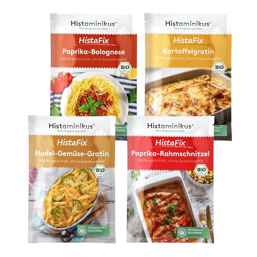 Histaminikus HistaFix-Bundle - 4er-Pack - 2-3 Portionen pro Packung - Rahmschnitzel - Paprika Bolognese - Kartoffelgratin - Nudel-Gemüse-Gratin - Bio Gewürzmischung - histaminarm - Made in Germany von Histaminikus