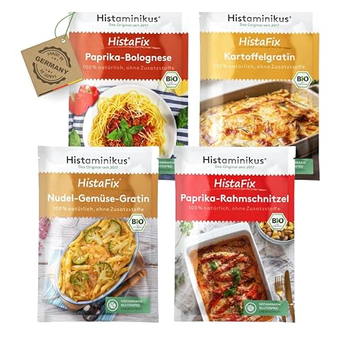 Histaminikus HistaFix-Bundle - 4er-Pack - 2-3 Portionen pro Packung - Rahmschnitzel - Paprika Bolognese - Kartoffelgratin - Nudel-Gemüse-Gratin - Bio Gewürzmischung - histaminarm - Made in Germany Histaminikus HistaFix-Bundle - 4er-Pack - 2-3 Portionen pro Packung - Rahmschnitzel - Paprika Bolognese - Kartoffelgratin - Nudel-Gemüse-Gratin - Bio Gewürzmischung - histaminarm - Made in Germany von Histaminikus