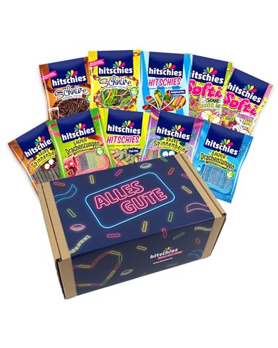 hitschies Geschenkbox Alles Gute - Süßigkeiten Box mit 10 hitschies - Fruchtig-leckeres Naschvergnügen - Fertig verpackt - Boxmaße: 31x18x13 cm von Hitschler