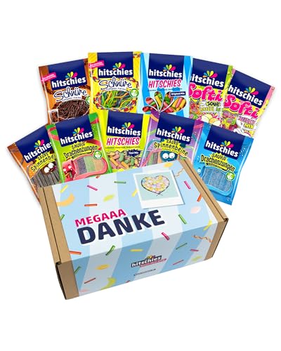 hitschies Geschenkbox Danke - Süßigkeiten Box mit 10 hitschies - Fruchtig-leckeres Naschvergnügen - Fertig verpackt - Boxmaße: 31x18x13 cm von Hitschler